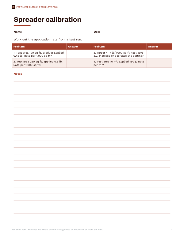 Preview of Printable Spreader Calibration Worksheet